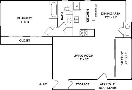 Floor plan for 1 bed, 1 bath, 750 sqft